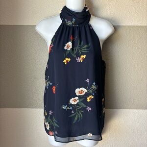 Vince Camuto Women’s XS Surreal Garden Mock Neck Halter Blouse Sleeveless Navy